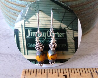 Glass Earrings In Muted Yellow and Gray Tones - Silver