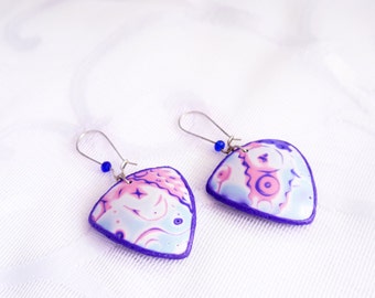Cosmic earrings Cosmic jewelry Purple earrings Polymer clay Abstract earrings Space earrings for her Geometric earrings Shield earrings