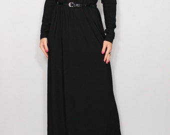 Women maxi dress Black dress Long sleeve dress Round neck dress Women