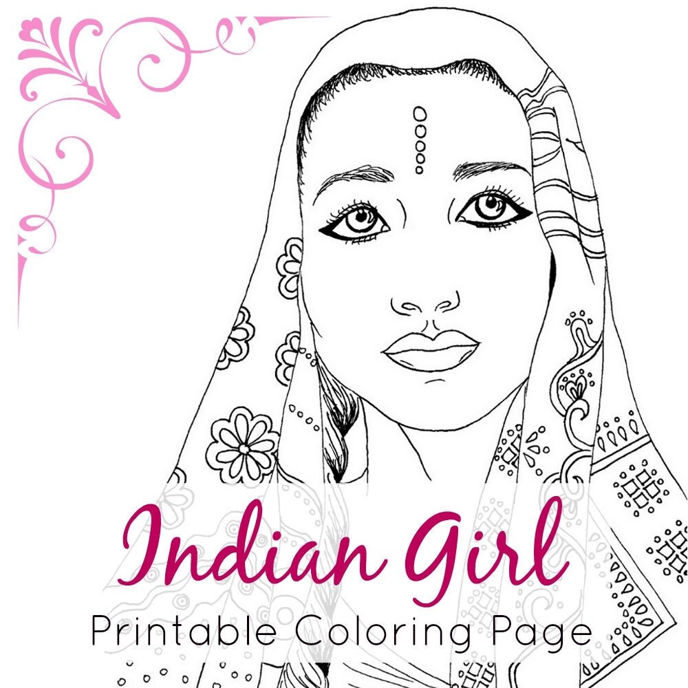 Indian Girl Adult Coloring Book Page Ethnic Art Fashion