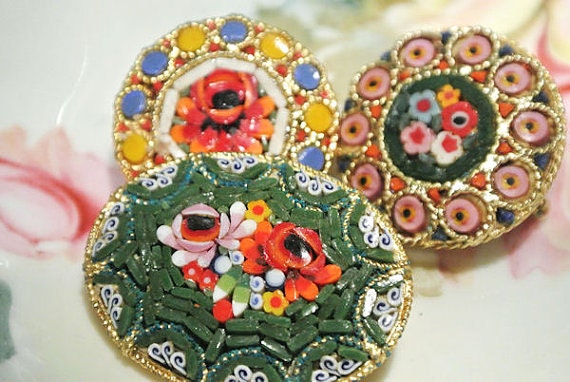 Vintage Micro Mosaic Brooch Millefiori Glass Brooches Italy Italian Floral Glass Beads 1950s 50s Mid Century Italian Florentine Art Artisan