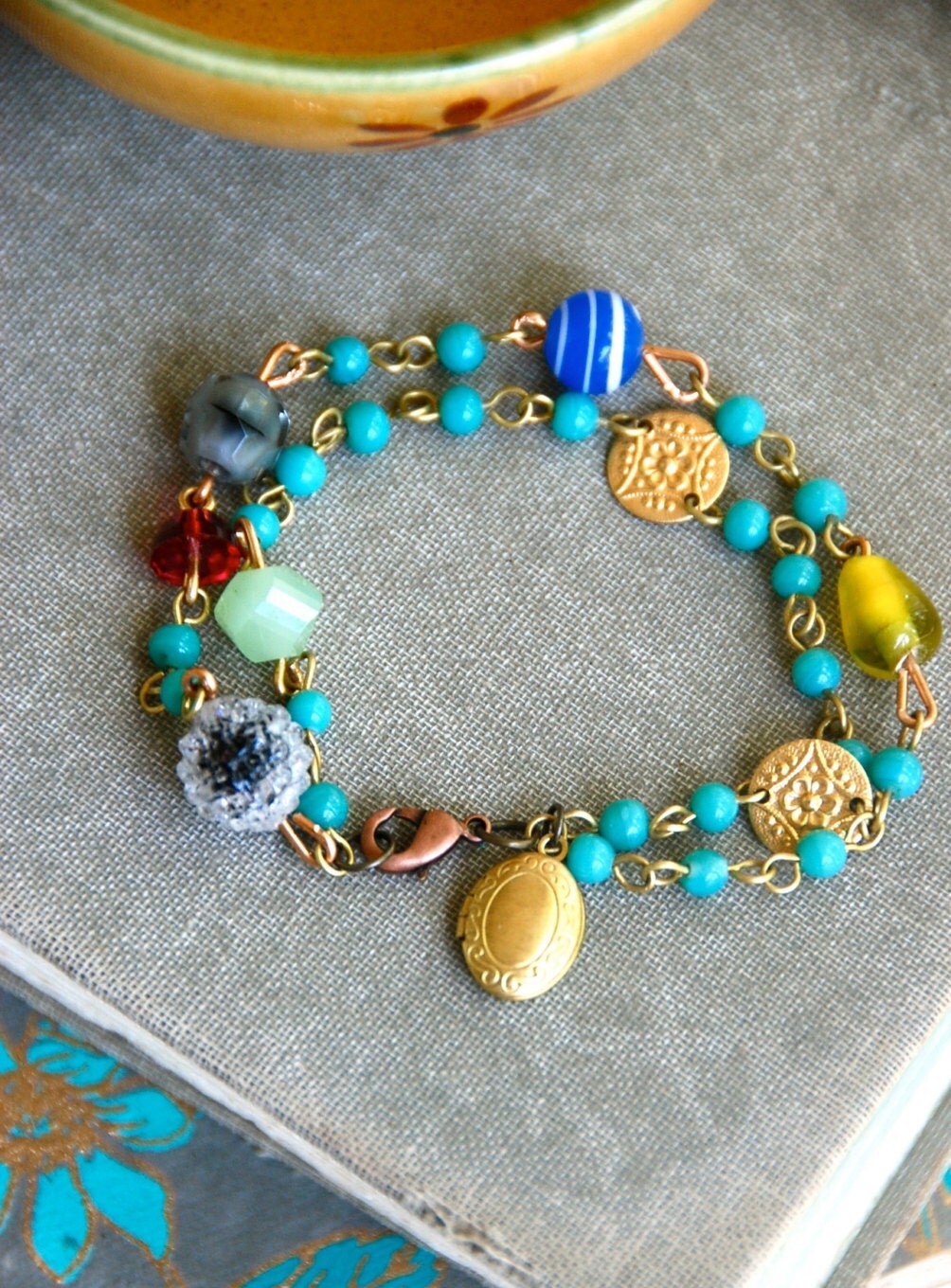 Gypsy charm bracelet. colorful multi strand charm bracelet.