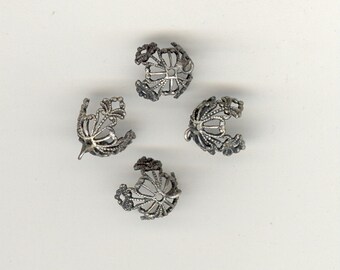 4 RARE Antique Bead Caps With Hole & Ring Pewter Or Silver Ox Fancy Filigree Pliable 10mm To Larger No.62A