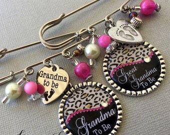 Grandma To Be pin, Mom To Be pin, Aunt To Be PERSONALIZED Pin Baby Shower pregnancy announcement LEOPARD baby footprints GENDER reveal party