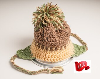 Summer CLEARANCE EVENT Hat, Earflap, Cafe, Cornmeal, and Tea Leaf Green, Ready to Ship