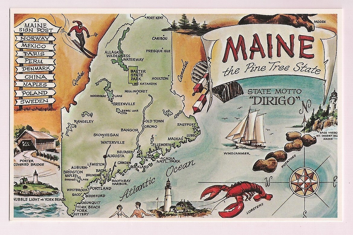 Maine Map Postcard Vintage Travel Map Pine Tree State