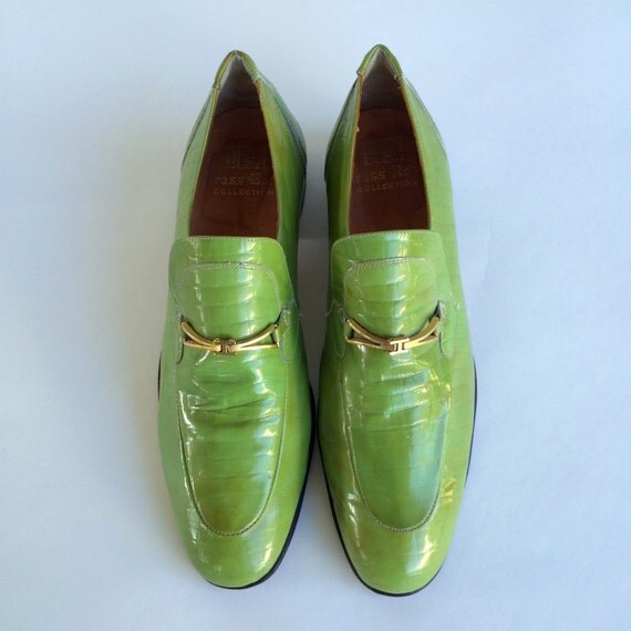 Lime Green Leather Mens Loafer Shoes Disco Era 60s