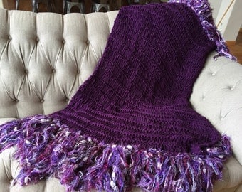 Purple Fringe Throw Blanket Purple Decor Purple Afghan Big Warm Blanket Purple Housewares Knitting