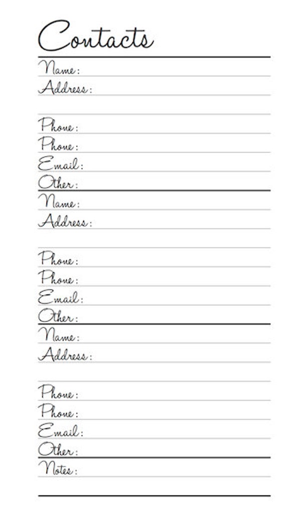 Contacts Printable Planner Pages Personal Size Instant PDF