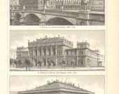 1903 Vintage Engraving Print of Stock Exchange Buildings in the 19th Century, Berlin, Vienna, Paris