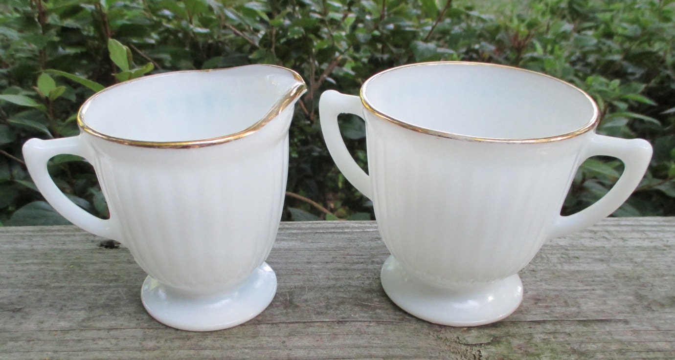 Milk Glass Creamer and Sugar Set Vintage White with Gold Rim