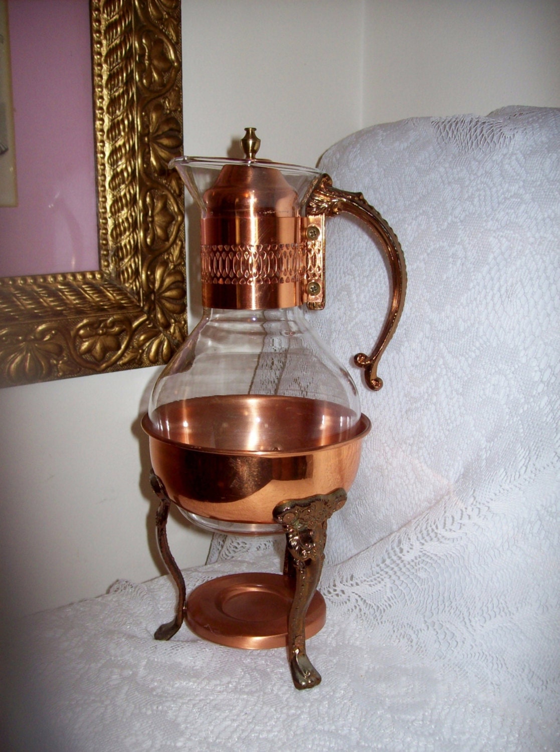 Vintage Copper and Glass Coffee/Tea Carafe with Warming Stand 9 USD