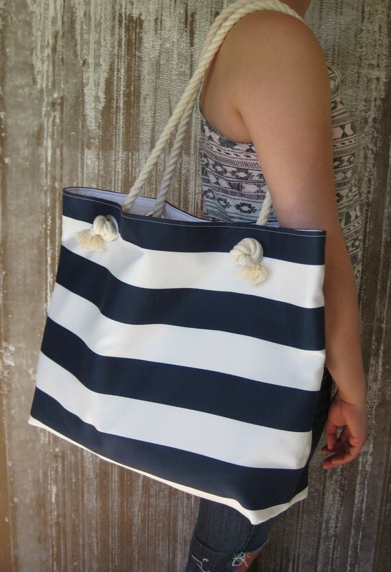 Navy Striped Beach Bag Personalized Sailor Bag by maggieanns