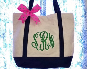 Set of 3 Canvas Tote Bag Personalized Shimmer Heat Vinyl Initials on Pocket