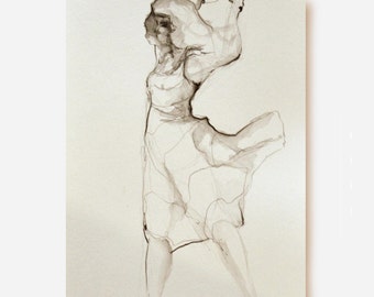 A5- Original female drawing- pencil drawing, female flowing, modern female drawing, pencil drawing, movement, dancer drawing, pencil art