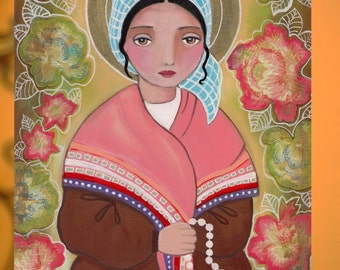 St Bernadette, Folk art, Original Mixed Media Painting On Wood Panel 8 x10 inch (20.5X 25.5 cm) by Evona