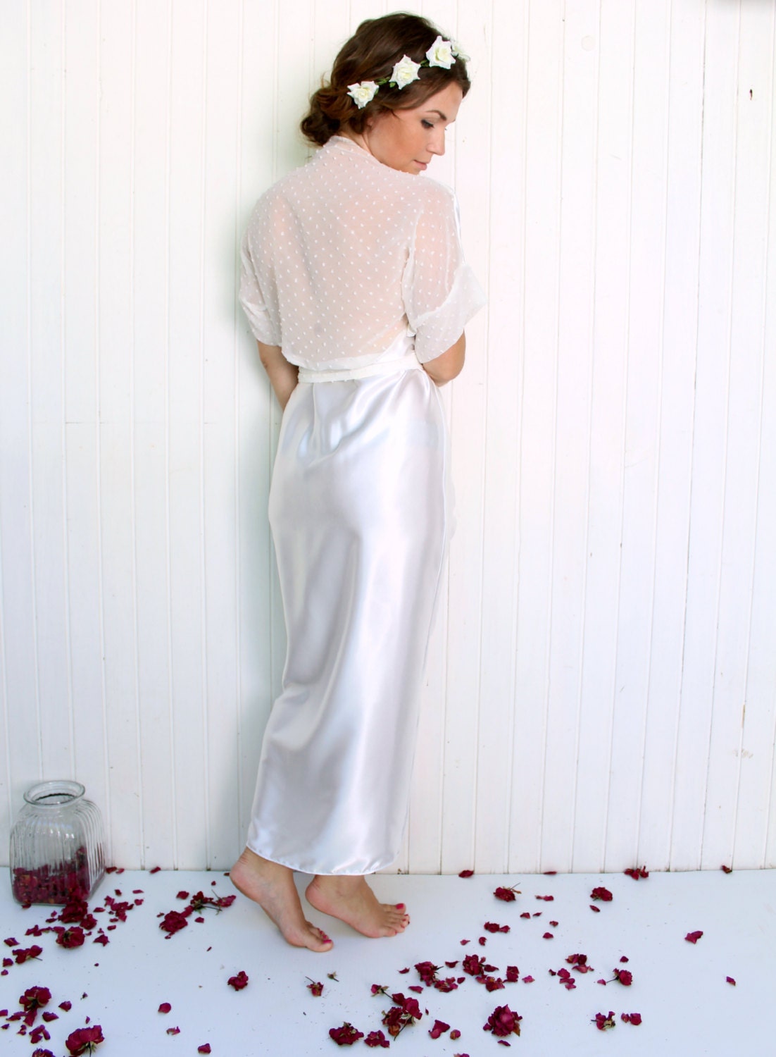 white satin robe bride
