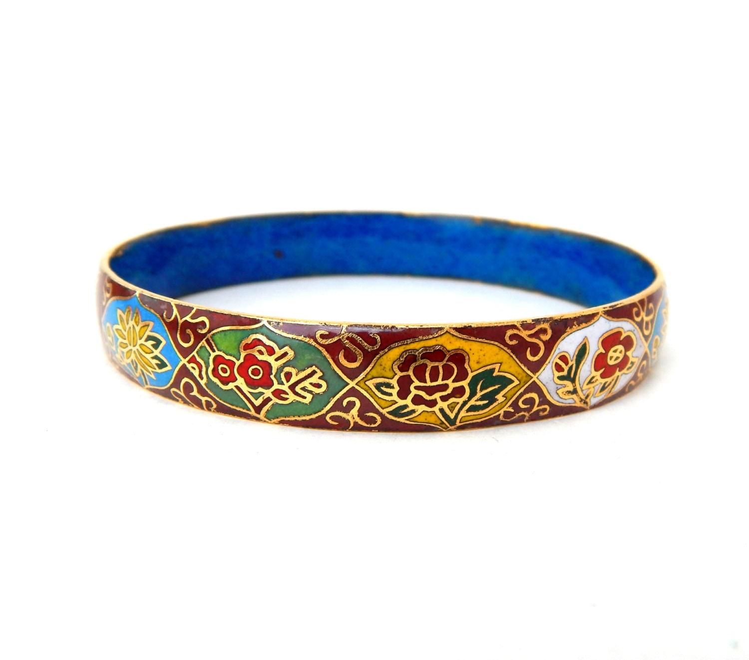 Vintage Cloisonne Enamel Bangle Bracelet Red Floral Designs