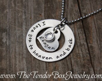 Personalized I love you to heaven and back hand stamped stainless washer, heart, and birthstone charm necklace