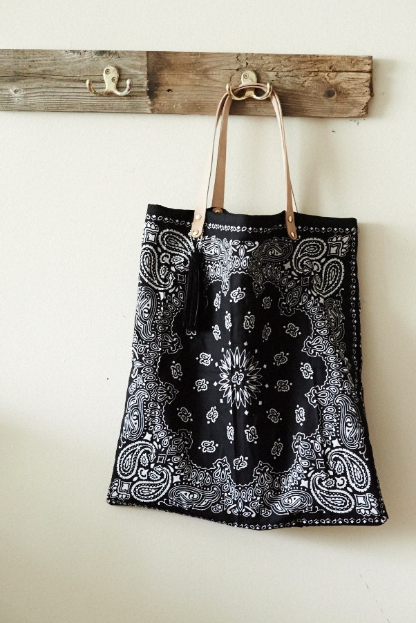 Bandana Tote Bag w/ natural leather straps and suede tassel