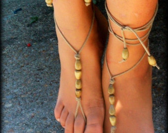 Bohemian Barefoot Sandals Hippie Tribal Foot Jewelry Ankle Wrap Hippie Boho Toe Thong Yoga Belly Dance Barefoot Sandals Wooden Beads Sandals