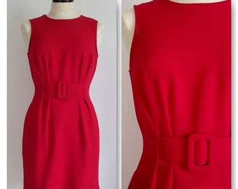 Vintage 1980s Red Wiggle Dress Belted Front Sleeveless- Perfect for the Holidays!