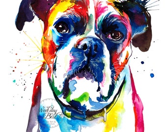 Colorful Boxer dog Art Print - Print of my Original Watercolor Painting