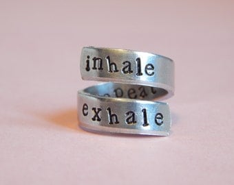 Inhale Exhale Repeat Yoga Inspired Wrap Ring Hand Stamped Gift Under 20