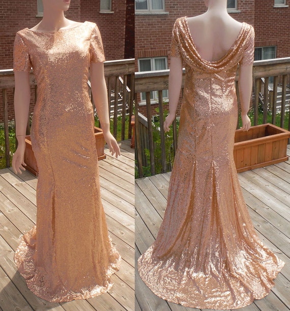 Cowl back dress  rose  gold  sequin bridesmaid  dress  rose  gold 