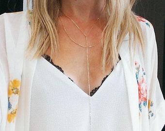 Gold Layered Heart Necklace | Gold Lariat Necklace, Y Necklace Long Lariat Necklace, Dainty Lariat Necklace, Layered Minimalist Chain Drop