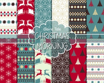 Christmas digital paper: Christmas paper "CHRISTMAS MORNING" backgrounds with deers, santa, snowflakes, christmas trees