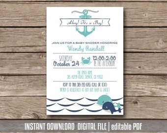 Nautical Baby Boy Shower Invitation Printable | Whale Theme | Anchor | Ahoy It's a Boy |Turquoise Navy | Instant Download editable PDF