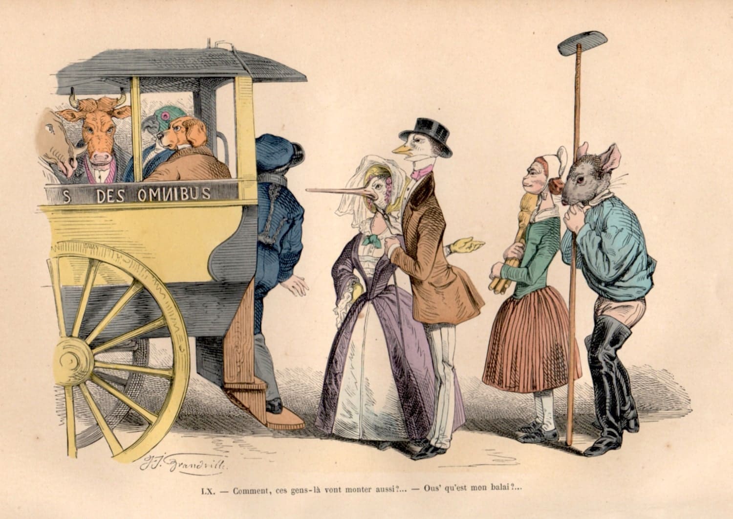 1867 French Political Social Cartoon Grandville Illustration