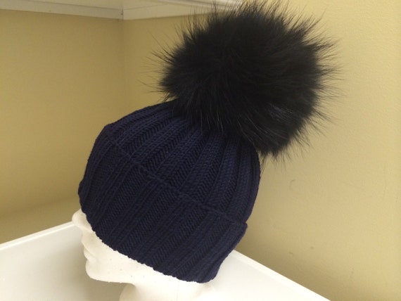 Items similar to Ribbed Navy Blue Wool Beanie Hat - Black Raccoon Fur ...
