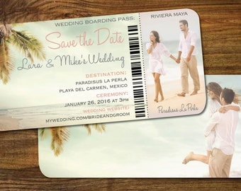 Couple Photo Save the Date Boarding Pass | Beach Scene| Blush n Golds | Travel Wedding | Mexico | Dominican | Vintage Palm