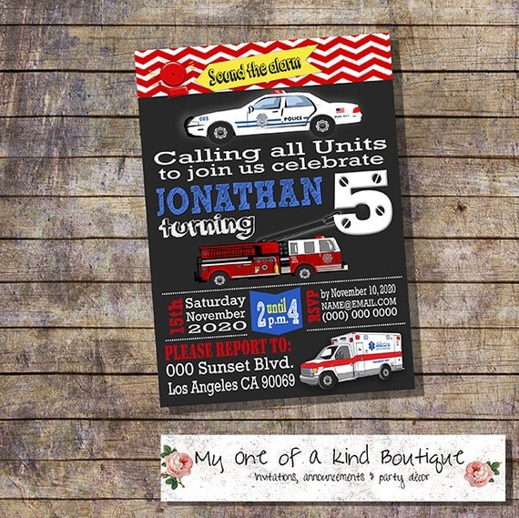 First responders birthday invitation firetruck by myooakboutique