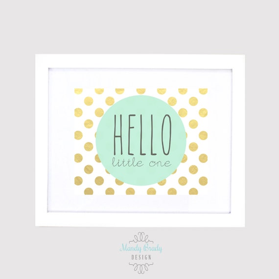 Items similar to Hello Little One Nursery Print | Gold Polka Dots ...