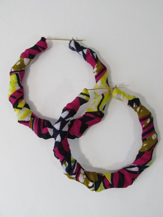 Items similar to Fabric Wrapped Bamboo Earrings/Hoop/Snap Closure
