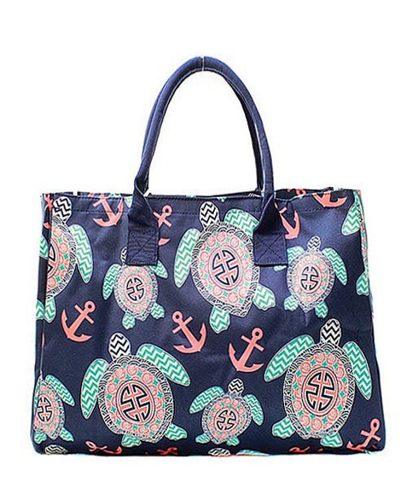 Monogrammed Large Tote Bag Turtle Anchor Preppy Tote Bag