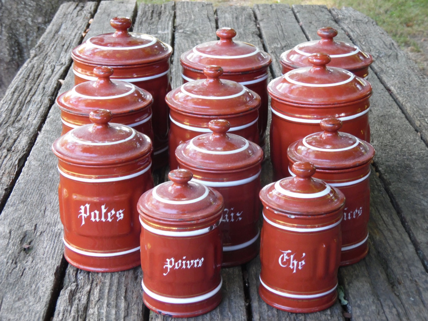 French Enamel Canister Set of 11 Kitchen Counter Graduated Nesting