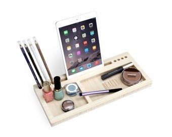 Madison Beauty Station | Daily Make-Up Organizer - Gift for Her - Bamboo Makeup Brush Eyeliner Pencil Blush Holder iPad Dock - Fast Shipping
