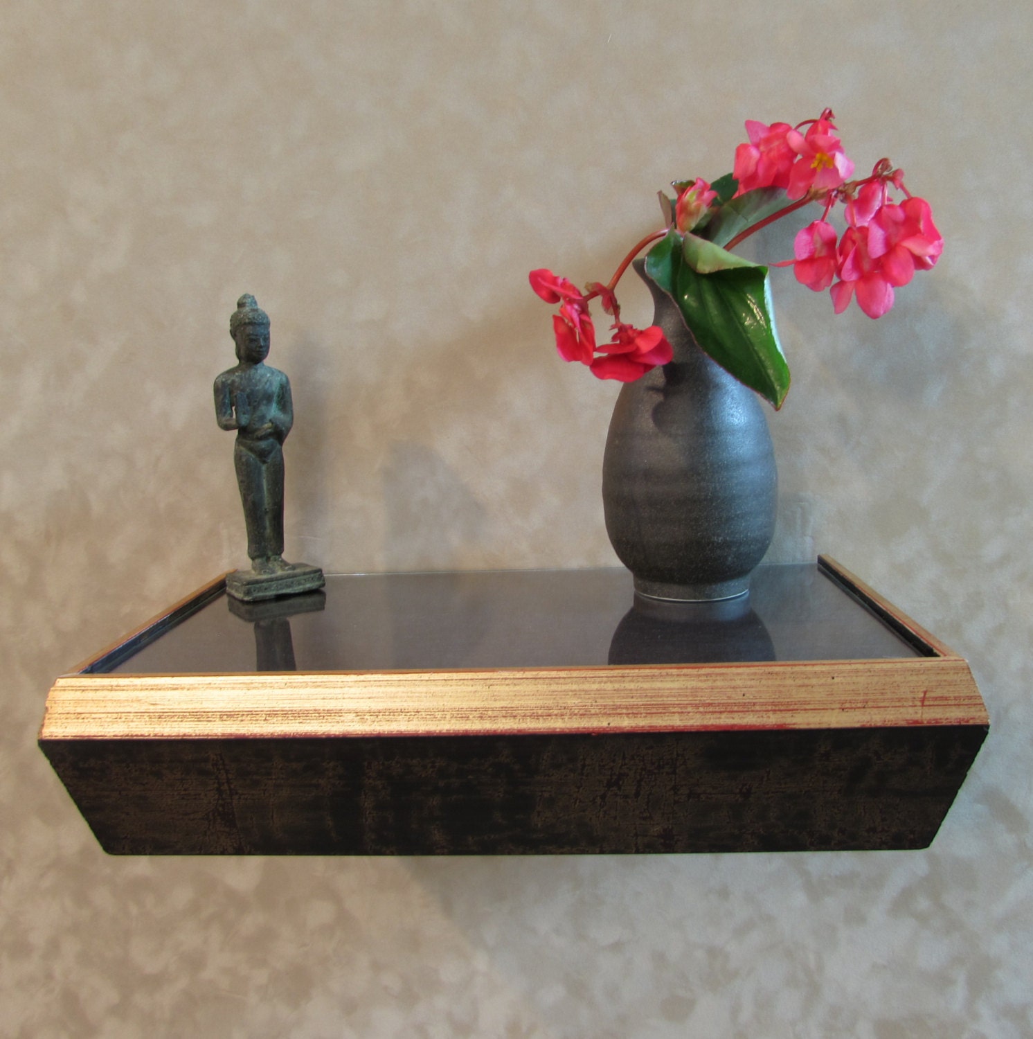 Decorative Wood Framed Floating Shelf with Gold Lip