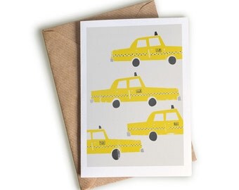 New York Taxi Cab Card, A6 Size, Illustrated Notecard, NYC Gift, Yellow Cab, Automobile Art, Mid Century Modern Style, New York Gift