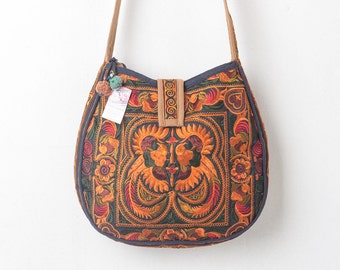 Orange Bird Hill Tribe Crossbody Bag with Hmong Embroidered Large Size Thai Fair Trade (BG303ORGBLS)