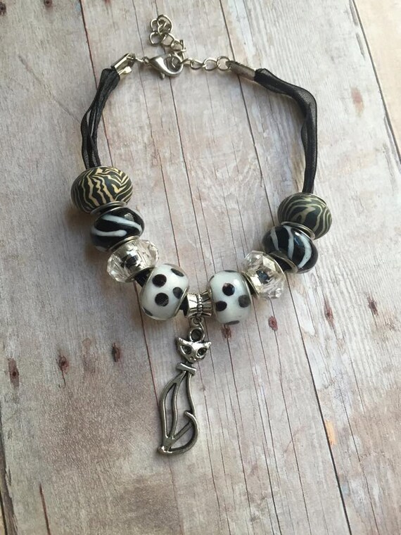 Cat Bracelet Cat Charm Bracelet European Bracelet Black Ribbon
