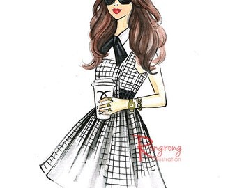 Fashion illustration sketch,Fashion art,Fashion illustration,Chic wall art, Fashion print,fashion poster,Titled,Let's go Chanel for coffee