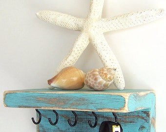 Key Holder - Shabby Distressed Teal with 3" shelf and 9 black hooks; Teal Decor; Rustic Decor; Shabby Decor; Custom requests welcome!