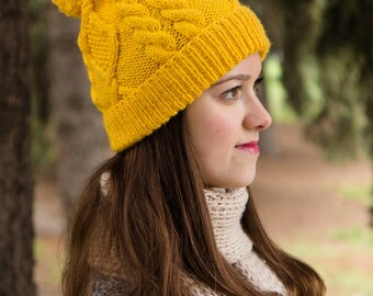 Mustard Cable Knit Hat - Winter Beanie For Women - Warm Yellow Pompon Hat - Yellow Ski Hat Women - Ski Bobble Hat