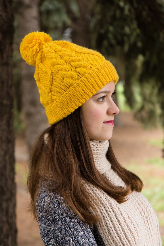 Mustard Cable Knit Hat Winter Beanie For Women Warm Yellow