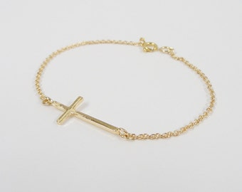 Sideways Cross Bracelet - Gold Cross Bracelet - Celebrity Inspired Jewelry